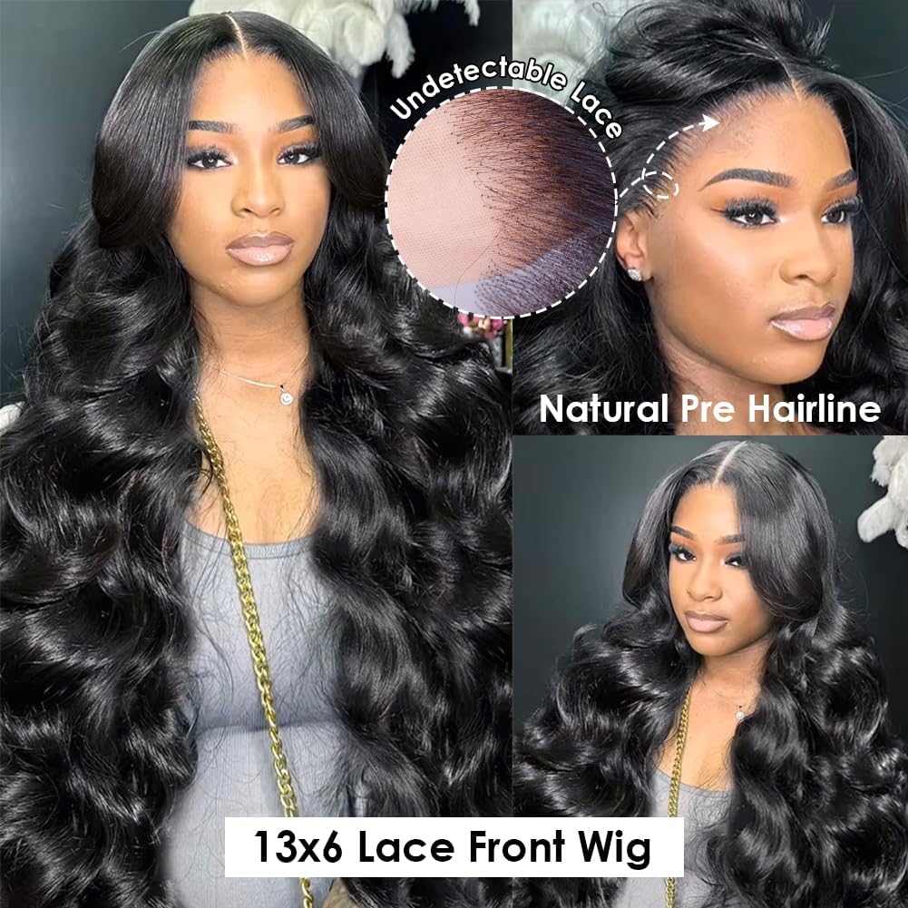 Detalle de annione 30 Inch 13x6 Lace Front Human Hair Wig (200% Density) – Body Wave, Transparent HD Lace, Pre-Plucked