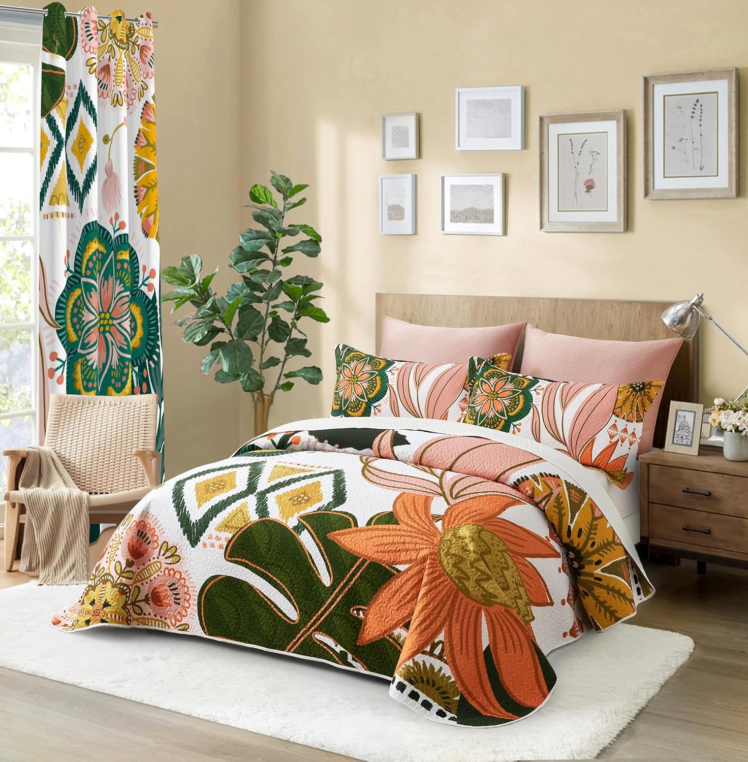 Detalle 2 de Tyrot King Size Boho Floral Quilt Set (3-Piece) with Reversible Microfiber Bedspread & 2 Shams, 106" x 96