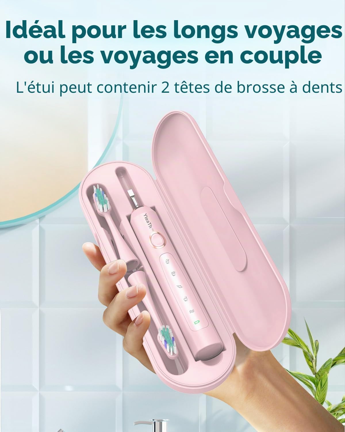 Detalle 2 de Brosse à dents électrique sonique pour dents sensibles (adultes & enfants) Rose Bonbon — 5 modes, 8 têtes et étui de voyage, IPX7