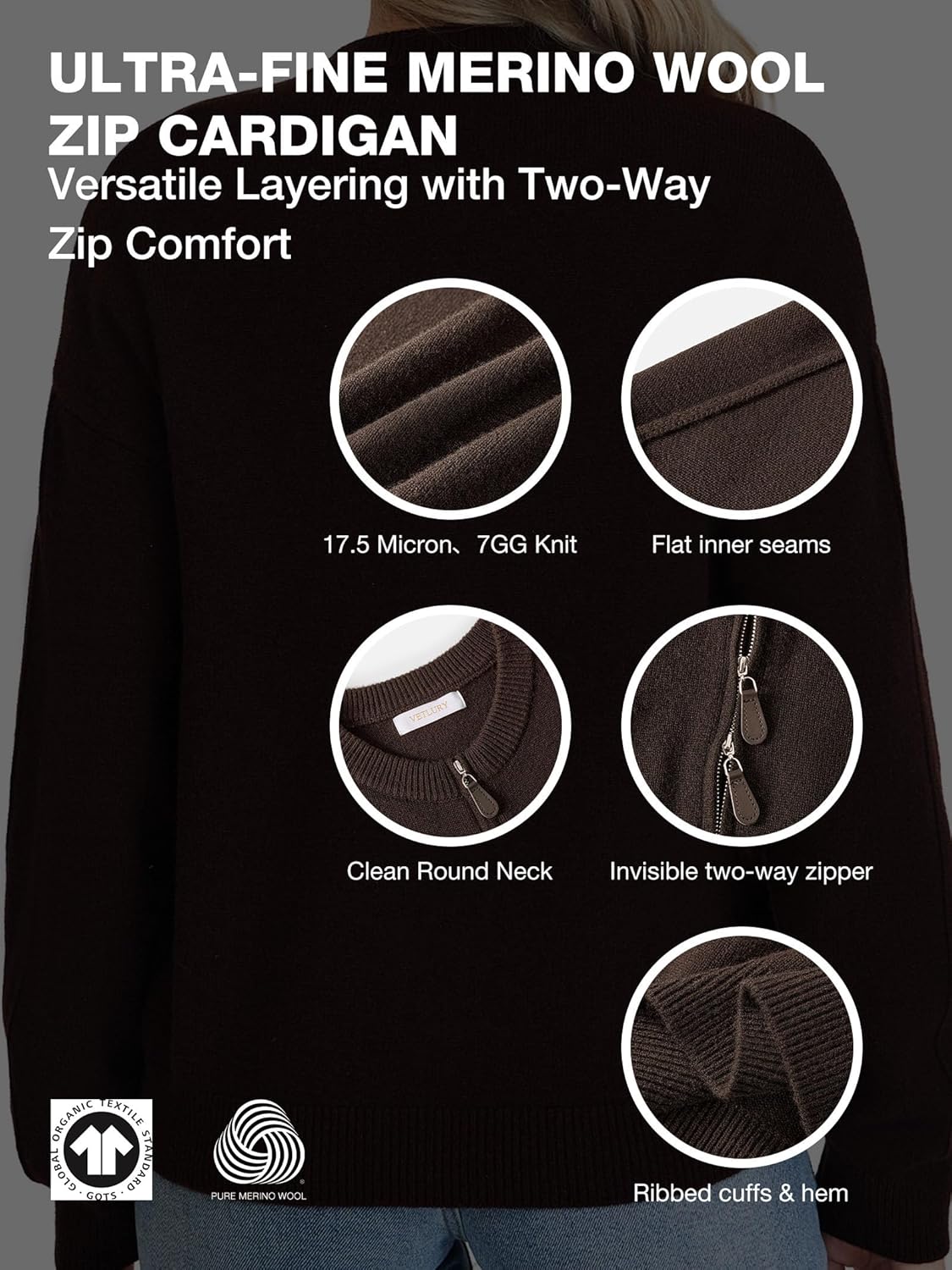 Thumbnail 2 de VETLURY Damen Strickjacke aus 100% Merinowolle mit Doppelreißverschluss – Rundhals Cardigan für Übergangszeit