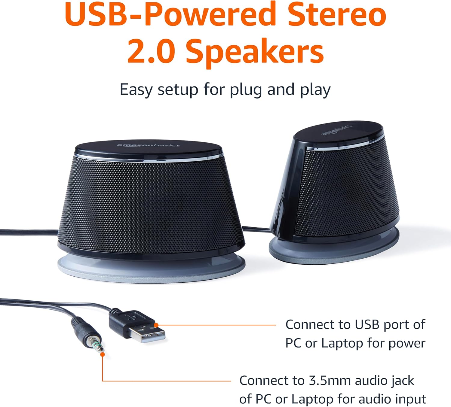 Detalle 2 de Amazon Basics Stereo 2.0 Speakers (USB-powered, 3.5mm AUX) for PC or Laptop, Black