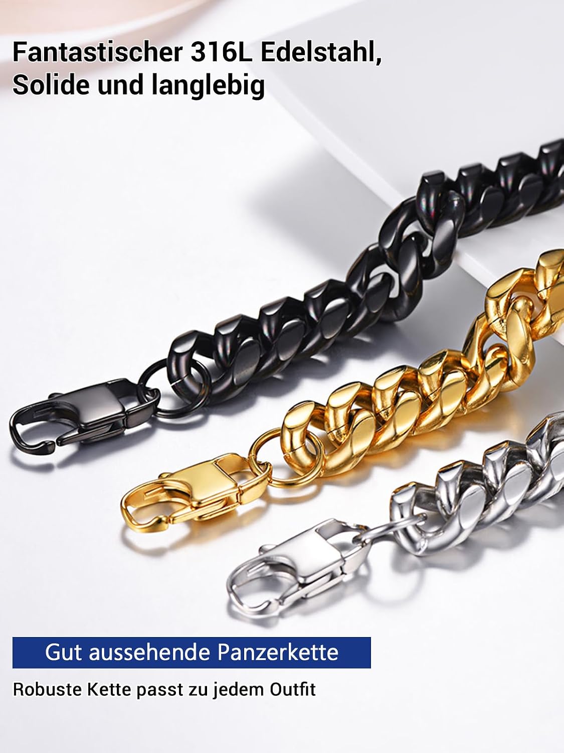 Detalle 2 de PROSTEEL Herren-Halskette aus 316L-Edelstahl massiv mit Panzerkettengliedern (4,8/6/10/14 mm breit), Längenwahl 46–76 cm