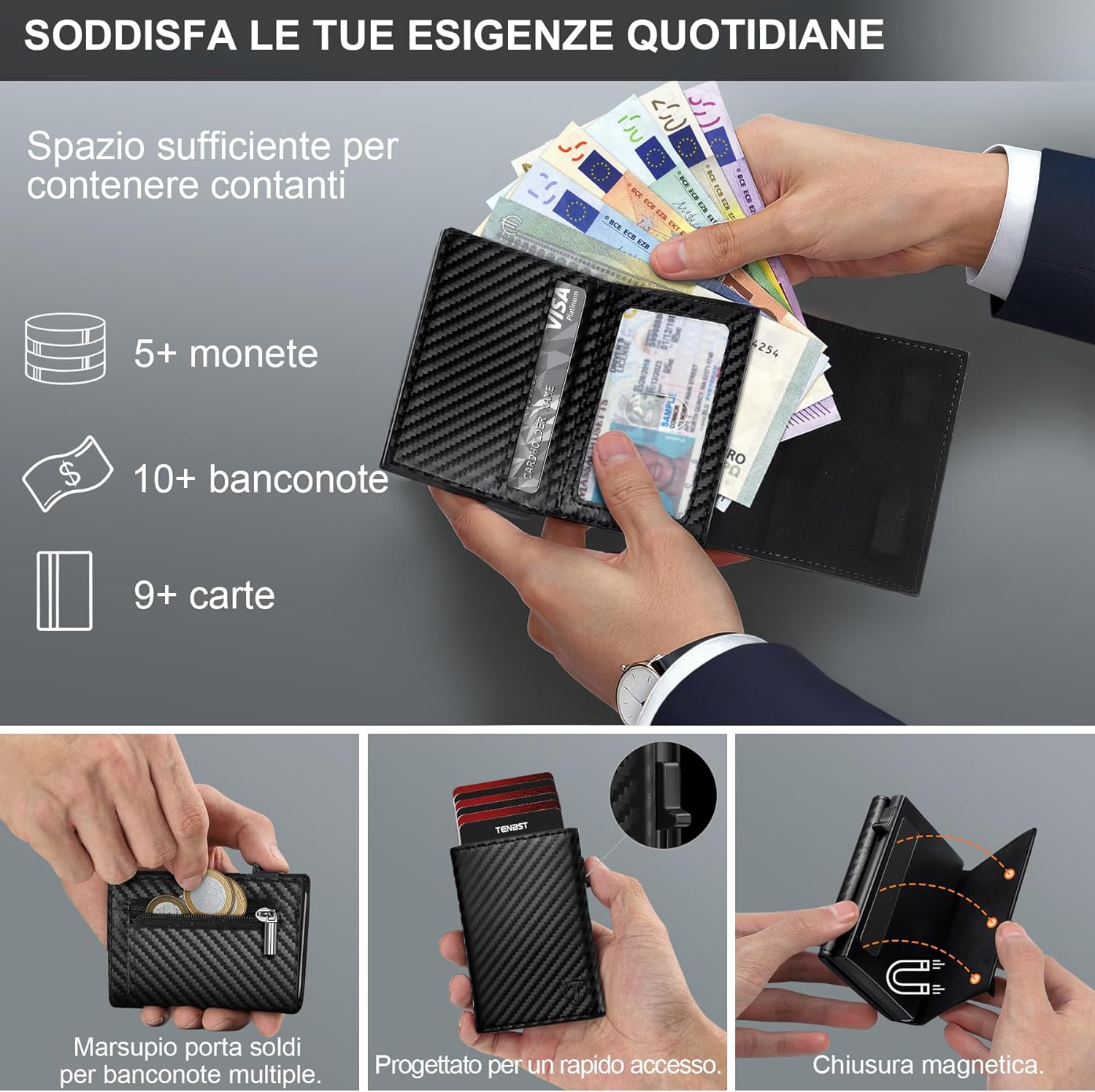 Thumbnail 3 de TENBST Portafoglio Uomo Slim 10 x 7 x 2,1 cm con chiusura magnetica e blocco RFID