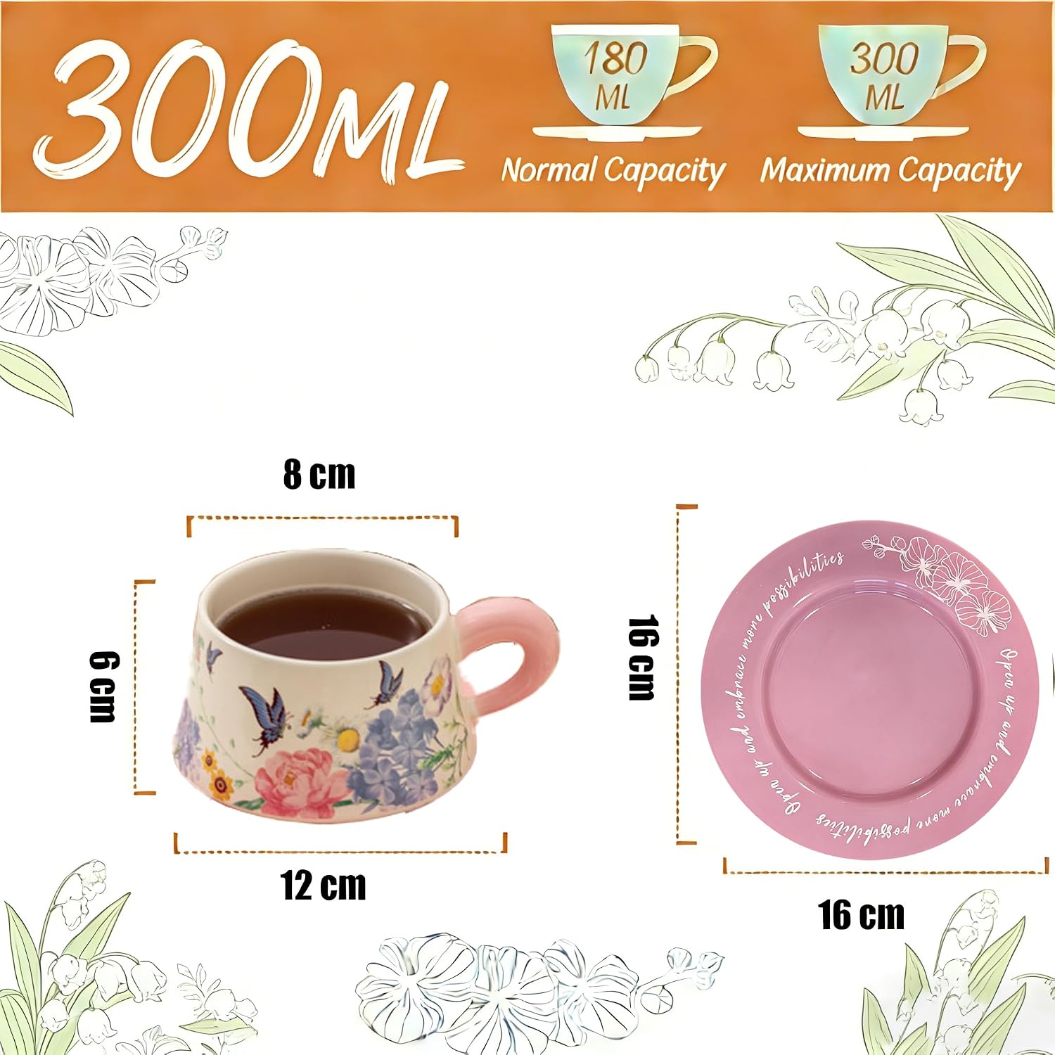 Thumbnail 1 de ENSFTF Lily of the Valley coffee cup and saucer set (300ml) with stirrer – pink oil painting butterfly gift set