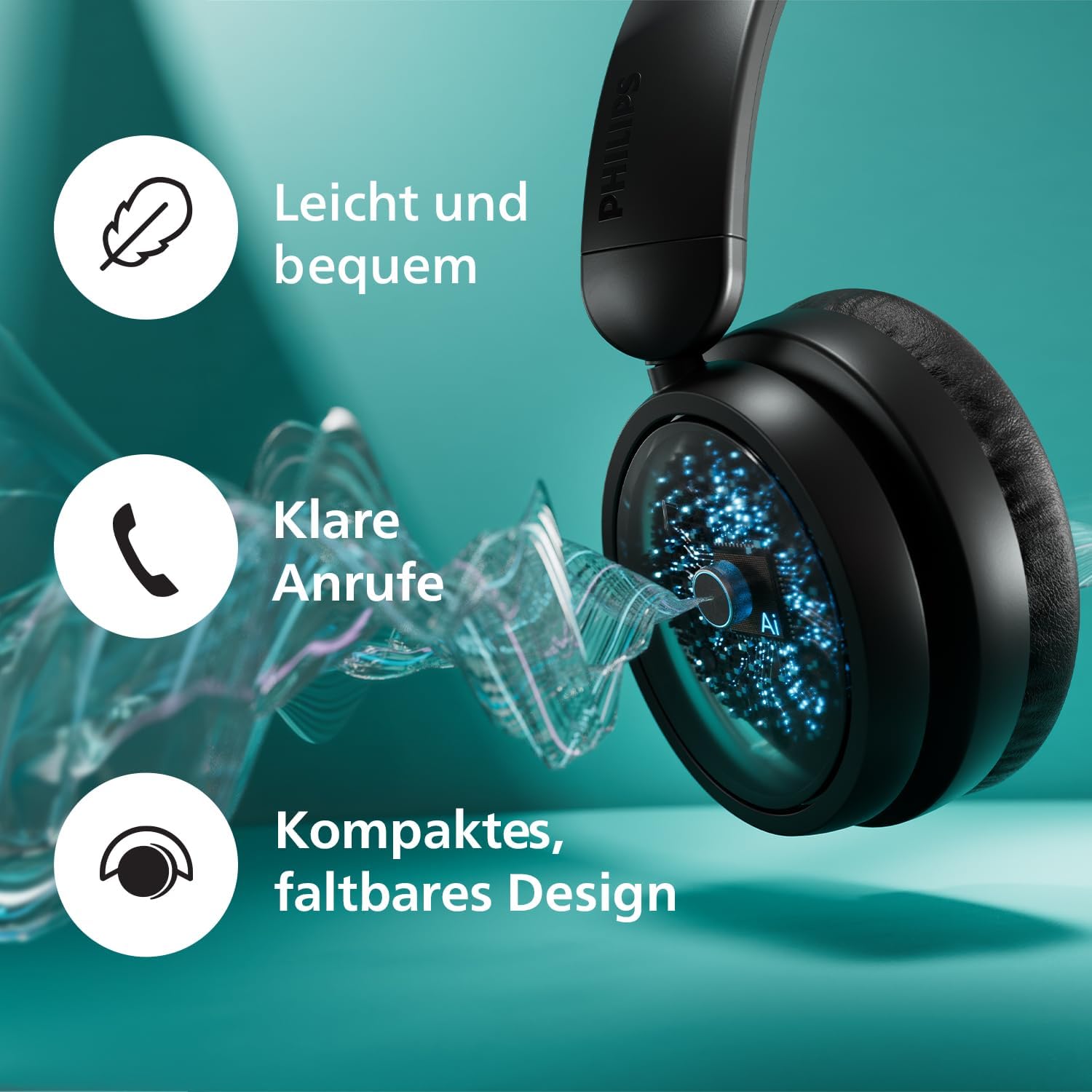 Detalle de Philips TAH5219BK/00 Leichte On-Ear Wireless Bluetooth Kopfhörer – 65 Std Akkulaufzeit
