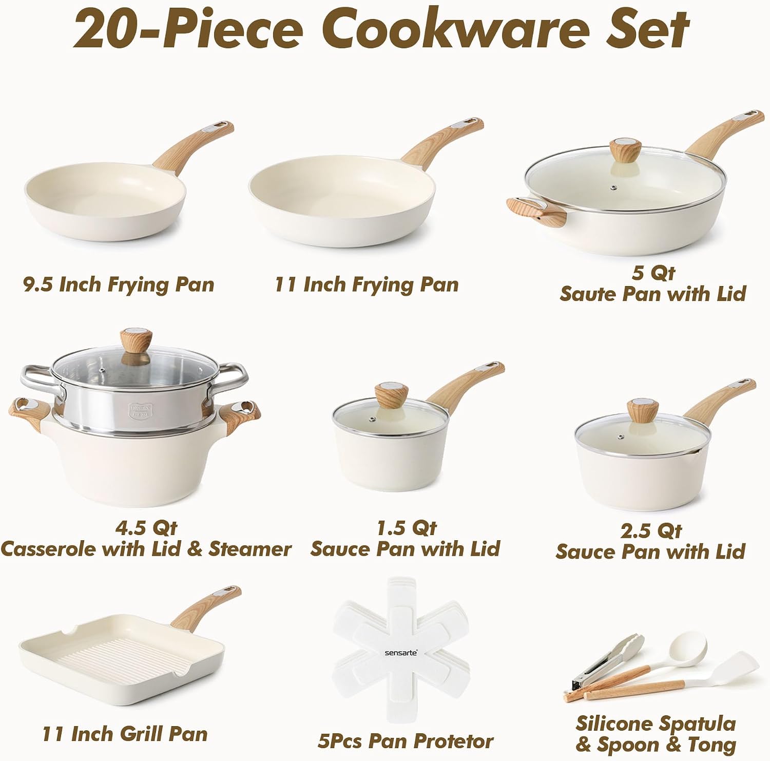 Detalle de SENSARTE 20-Piece Ceramic Cookware Set with Nonstick, Induction Compatible