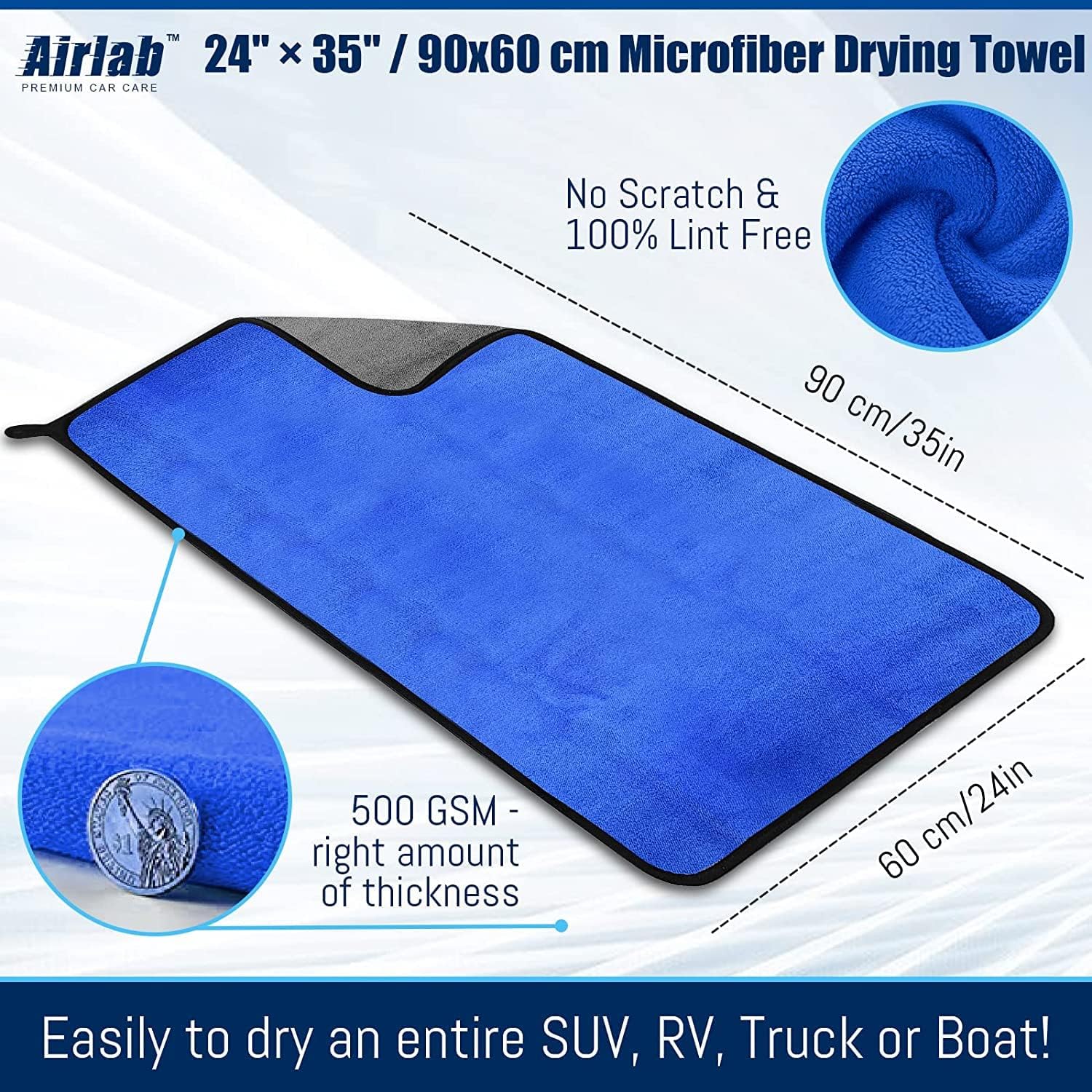 Thumbnail 1 de Airlab 2X Large Microfibre Car Cleaning Cloths (90x60cm) – 500GSM Dual-Sided Drying Towels for Detailing