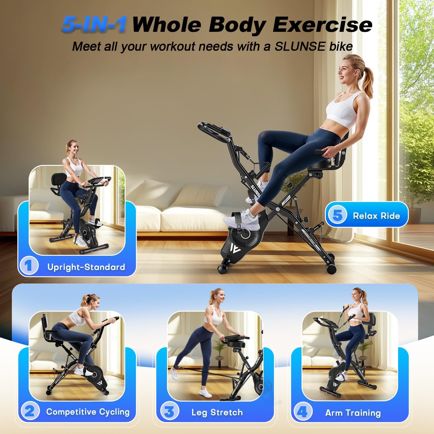Detalle de SLUNSE FITNESS 916 5-in-1 Folding Exercise Bike, 16-Level Magnetic Resistance