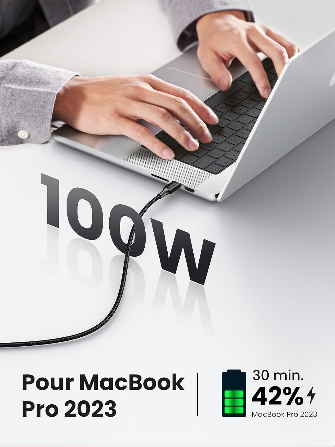 Detalle 2 de UGREEN 100W USB-C-naar-USB-C-kabel van 2 m, 5A en gevlochten nylon