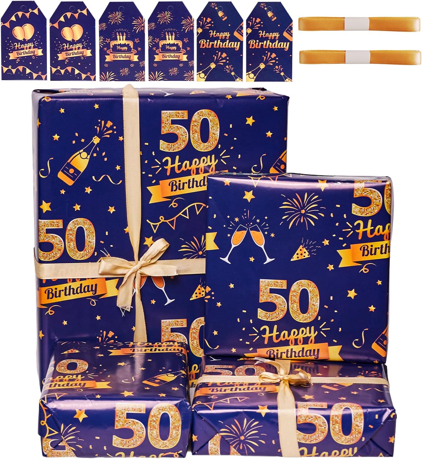 Detalle de 50th Birthday Blue & Gold Wrapping Paper Set with Tags and Ribbons