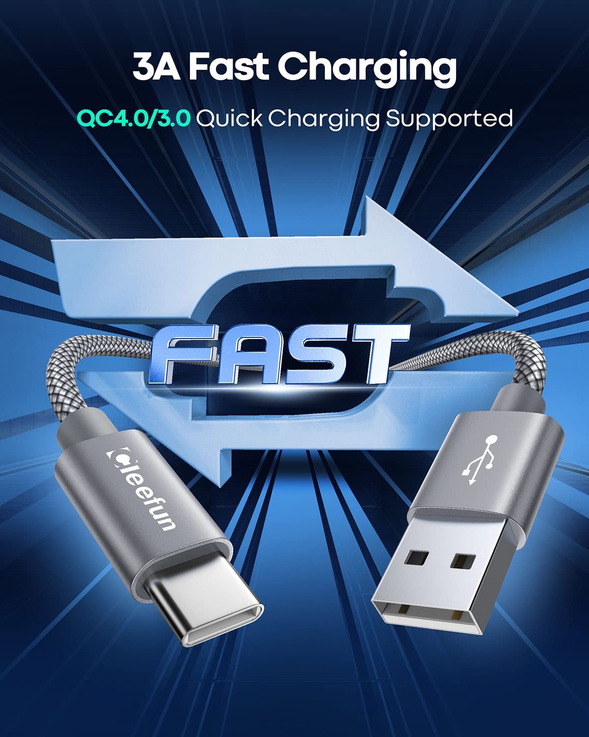 Thumbnail 2 de CLEEFUN Long USB-C to USB-A 3 m fast charging cable