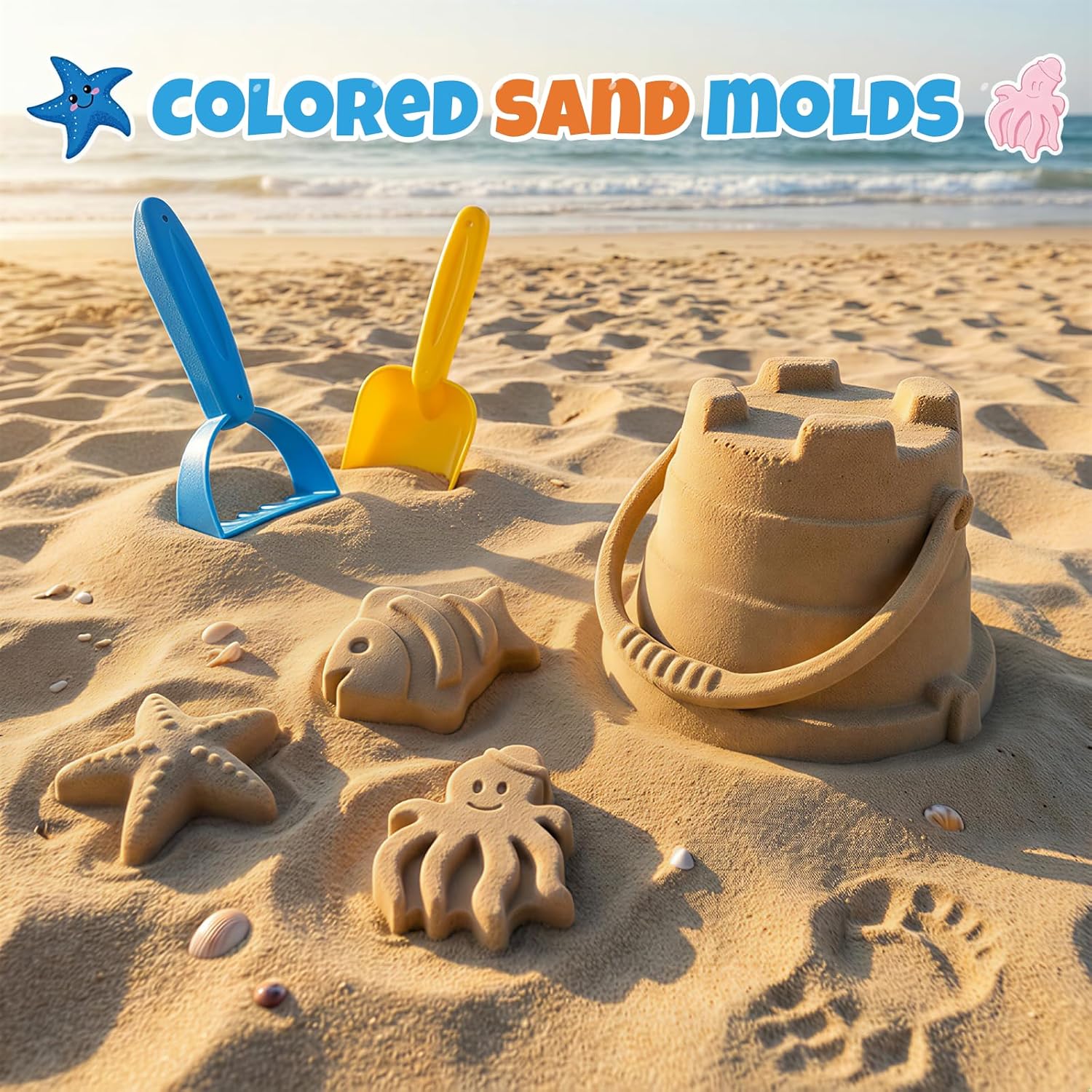 Detalle de Beach Toy Set for Children with Collapsible Sand Bucket, Shovel, Rake, Moulds & Mesh Storage Bag (Ages 3–10)