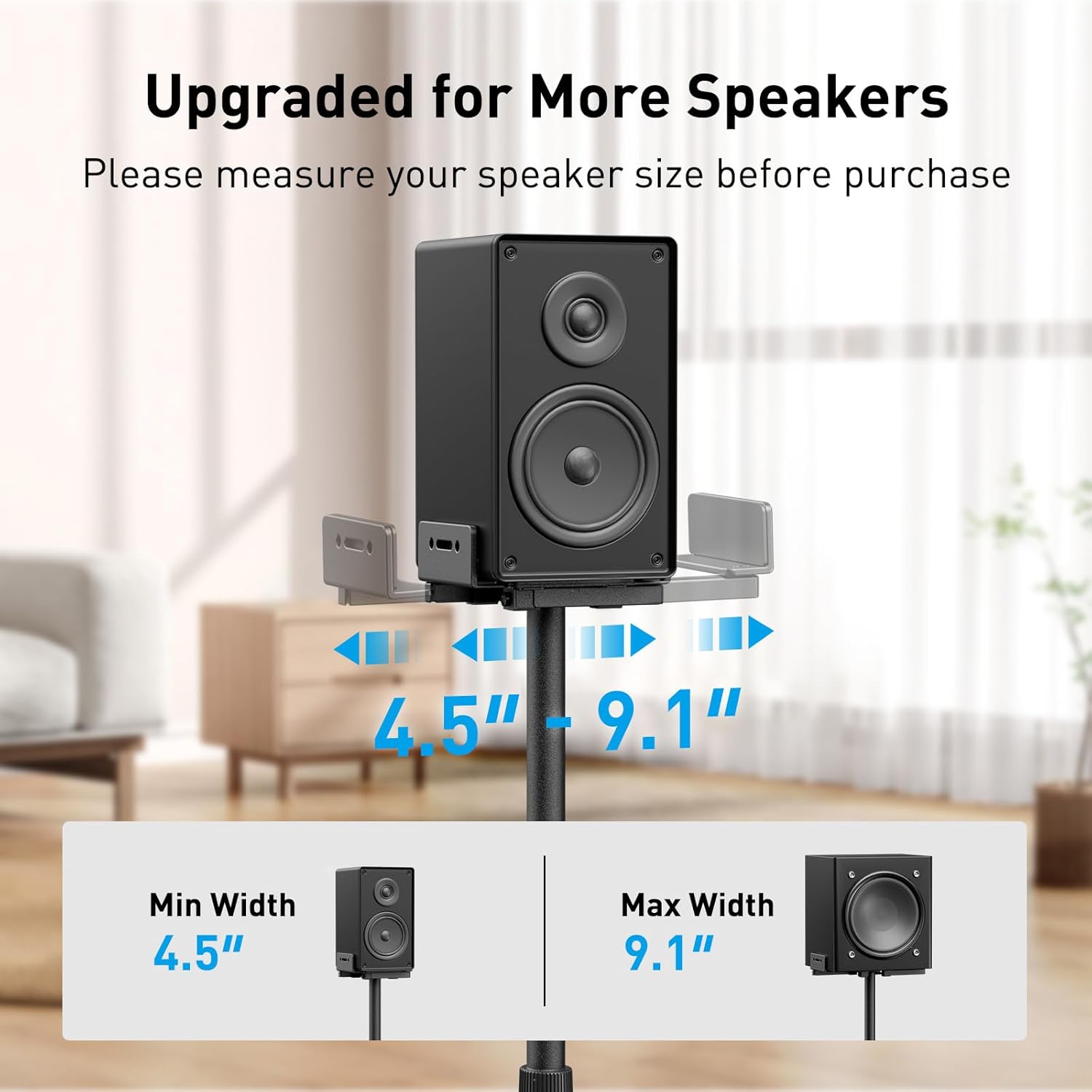 Detalle de PERLESMITH PSSS2 Universal Height-Adjustable Speaker Stands (Surround Sound, 33.3–45.1 in), Pair, Black