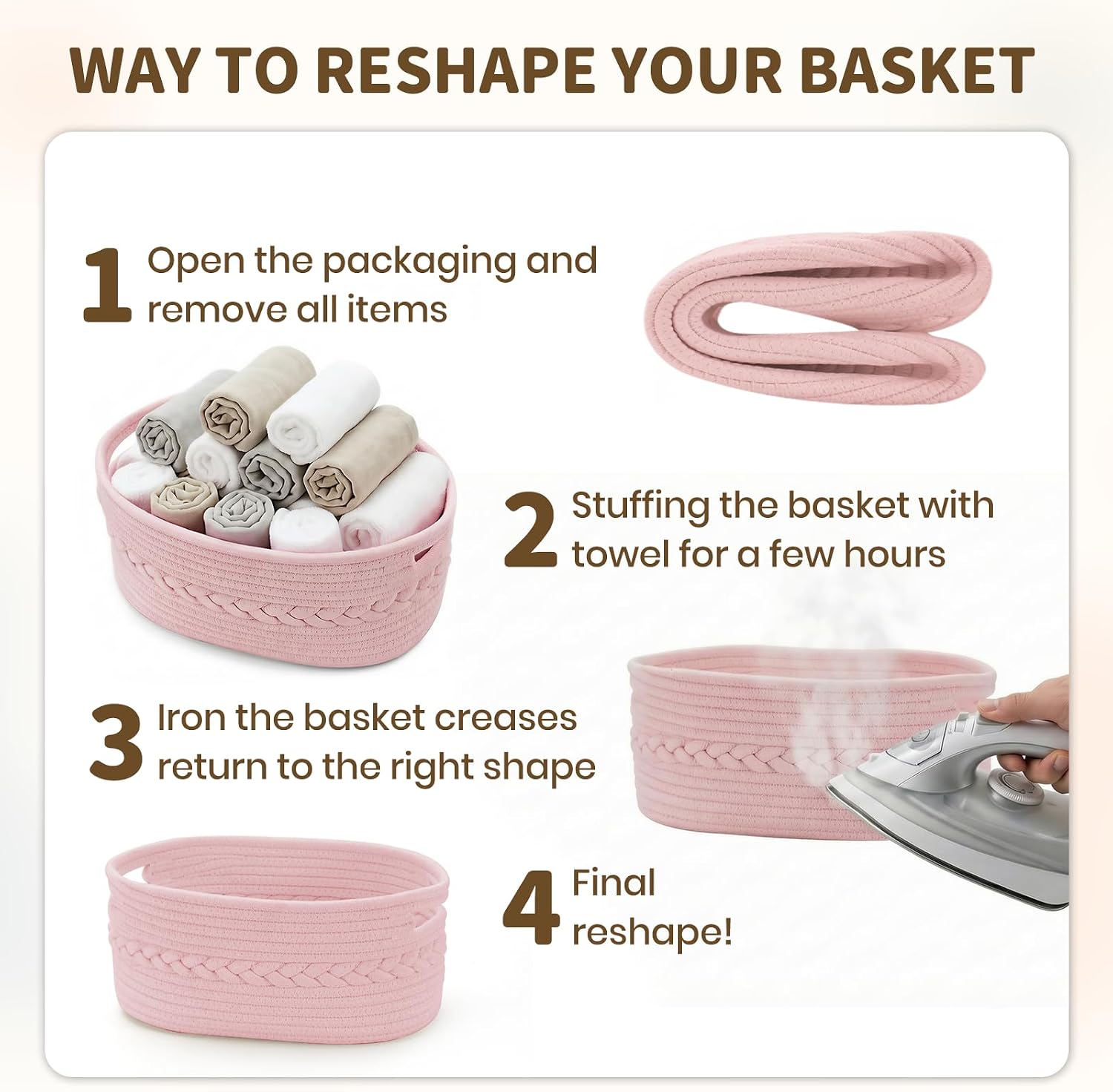 Detalle de COSYLAND Small Pink Woven Cotton Rope Gift Basket Set with Bag and Ribbon
