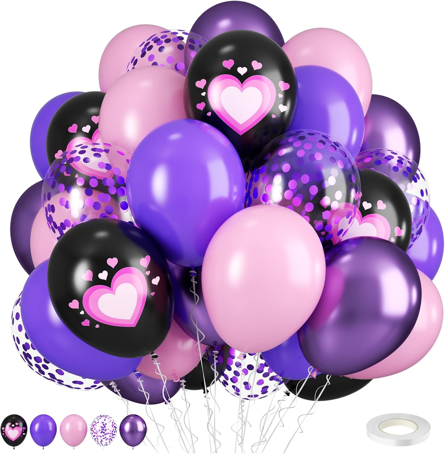Detalle de Pink Purple Black Balloons, 50PCS 12 Inch - Black Macaron Metallic Purple Pink Heart Printed for Princess Theme Party