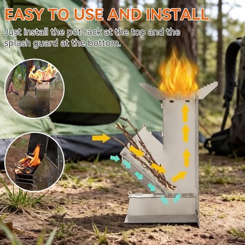 Detalle de Tomedny Camping-Raketenofen: Tragbarer Edelstahl-Holzofen mit abnehmbarem Grill und Lagertasche