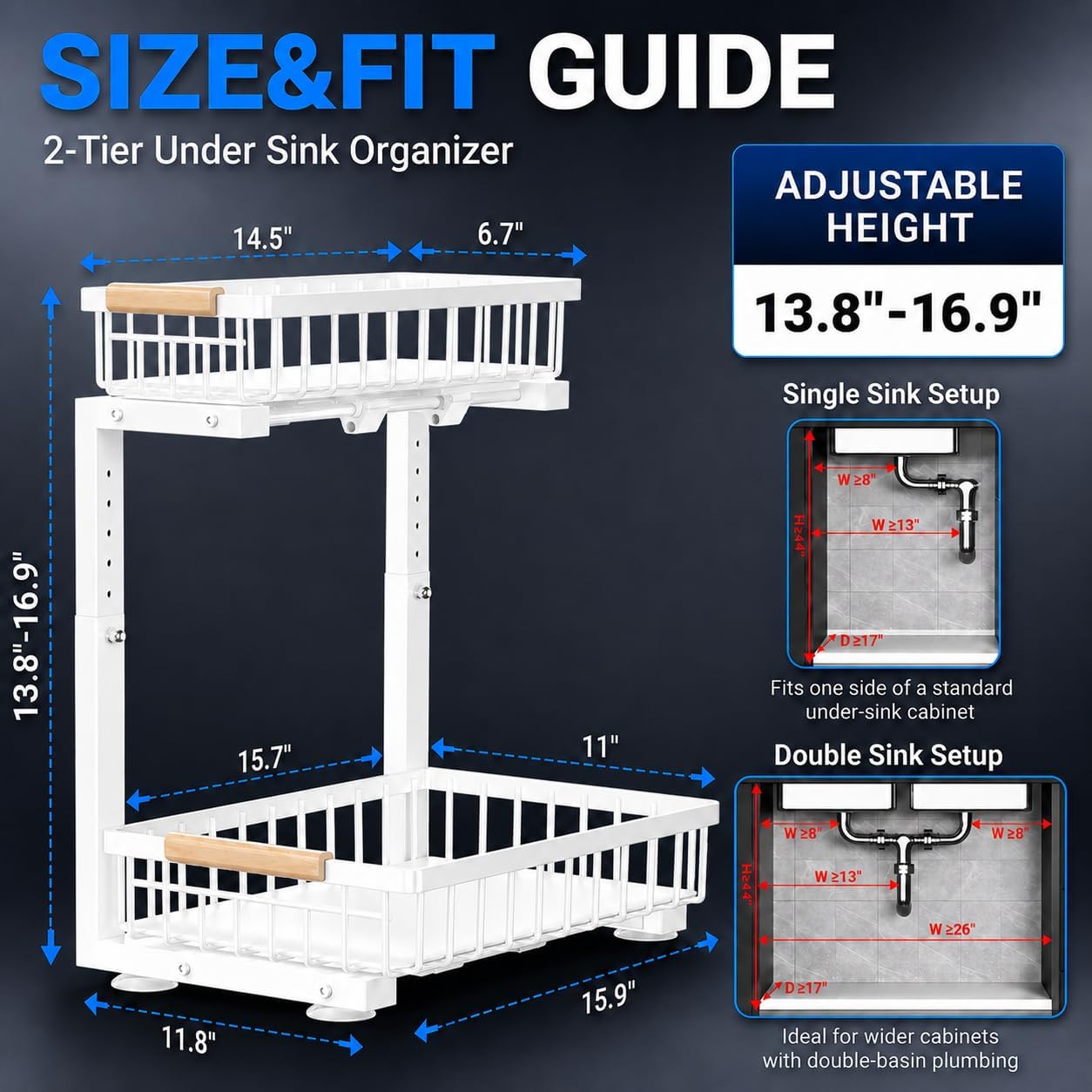 Thumbnail 1 de GeeBom Under Sink Organizer 2-Pack: 2-Tier Pull-Out Metal Shelf with Silicone Mat