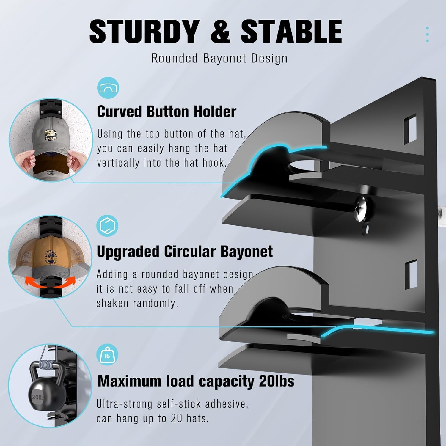 Detalle de Hat Organizer for Baseball Caps 2-Pack (Wall/Behind-Door, Strong Adhesive, Black)