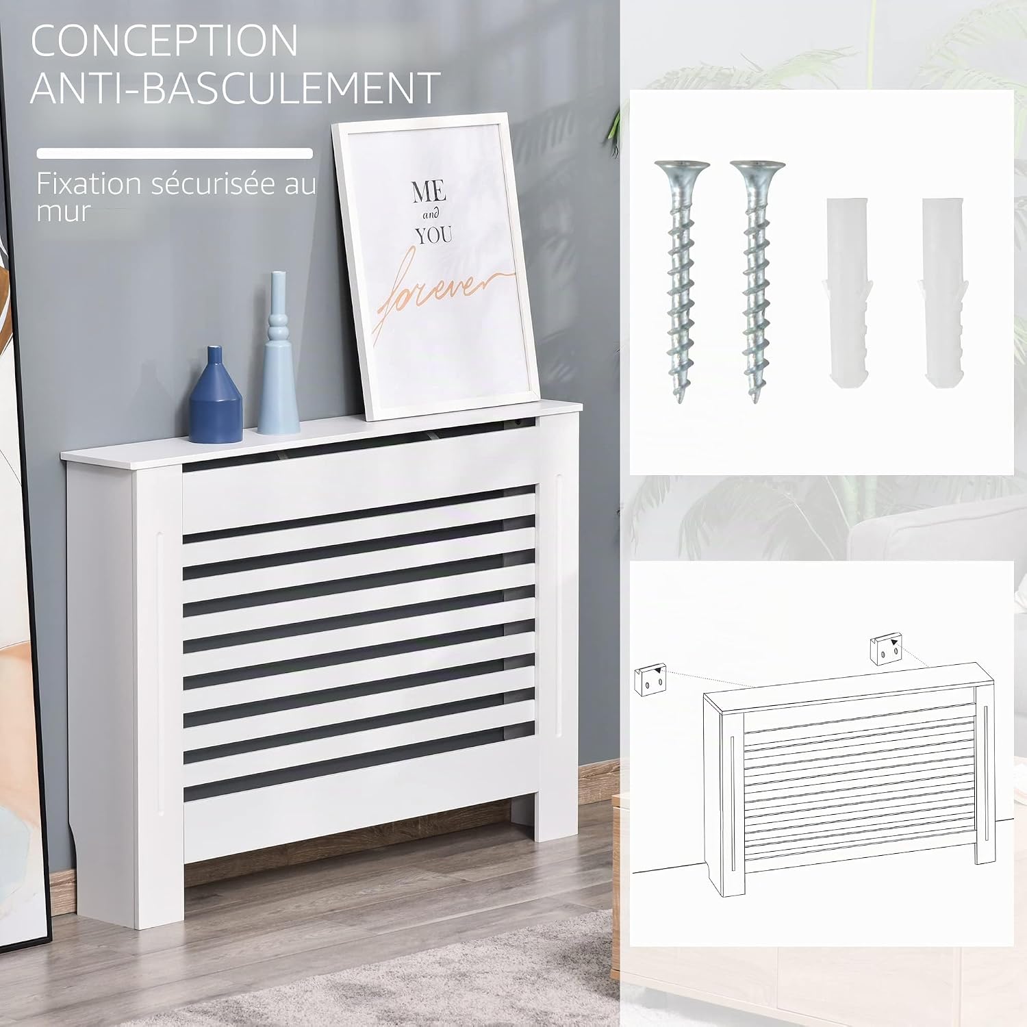 Detalle de HOMCOM Cache-radiateur design à lattes 112x19x81 cm – MDF blanc
