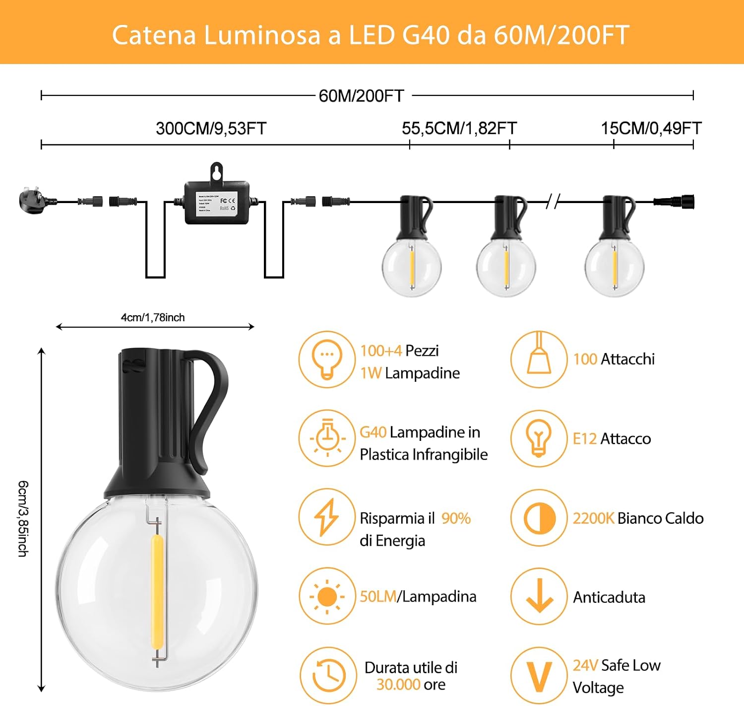 Detalle de Pogestrand Luci Da Esterno Giardino G40 60M: 100 LED IP45, 24V, Telecomando e Timer