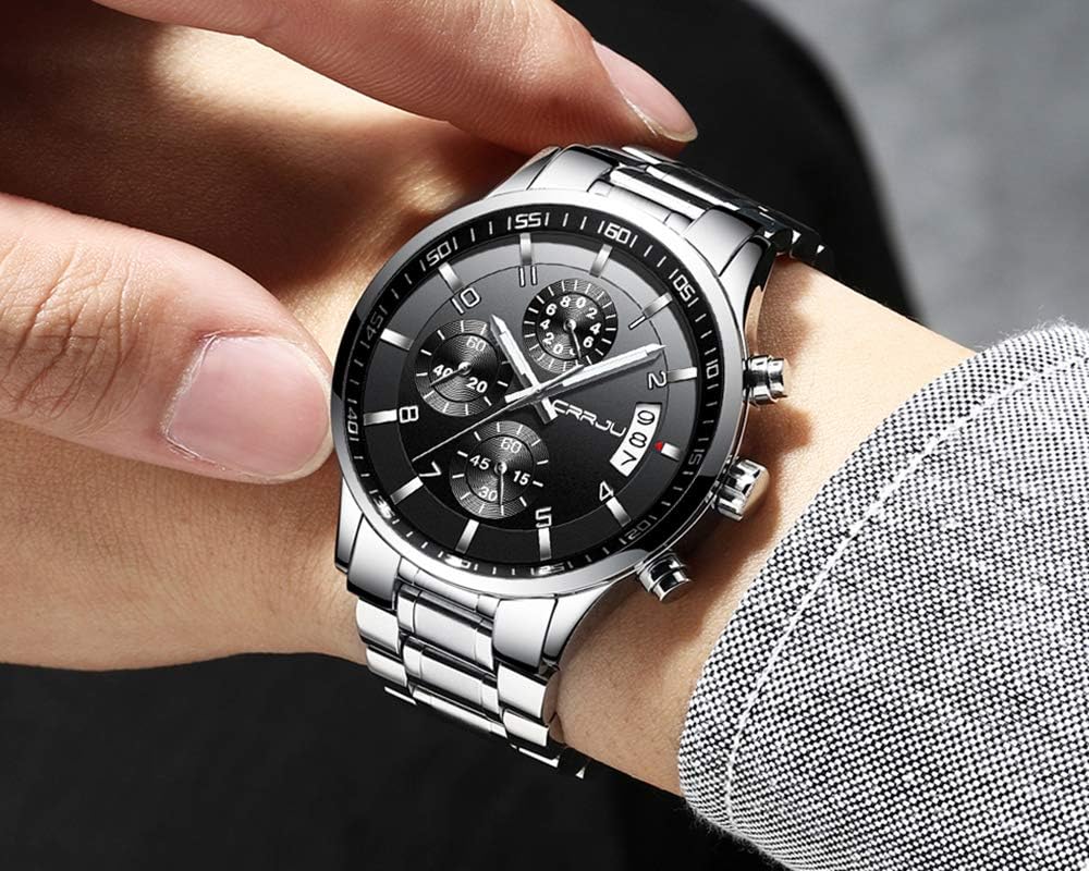 Detalle de CRRJU Herren Chronographen-Uhr wasserdicht mit blauem Zifferblatt, Edelstahlband und Kalender