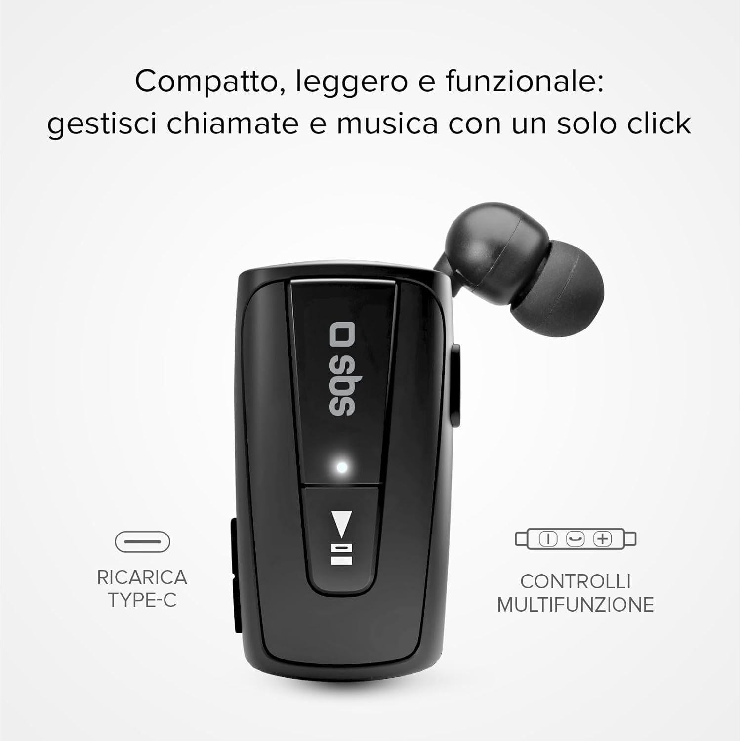 Detalle 2 de SBS Auricolare Bluetooth con Clip e Cavo Retrattile – Multipoint, 7 ore di conversazione, Nero