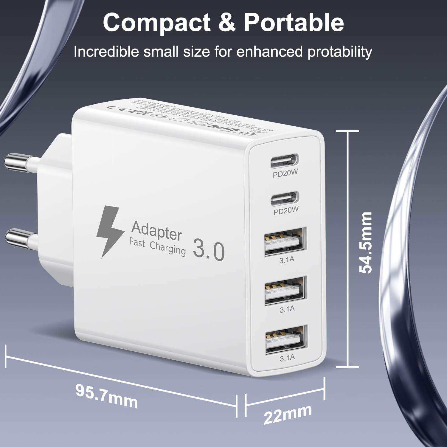 Detalle 1 de Chargeur USB C 50W 5 ports – PD & QC, 2 USB-C + 3 USB-A (iPhone et Galaxy)