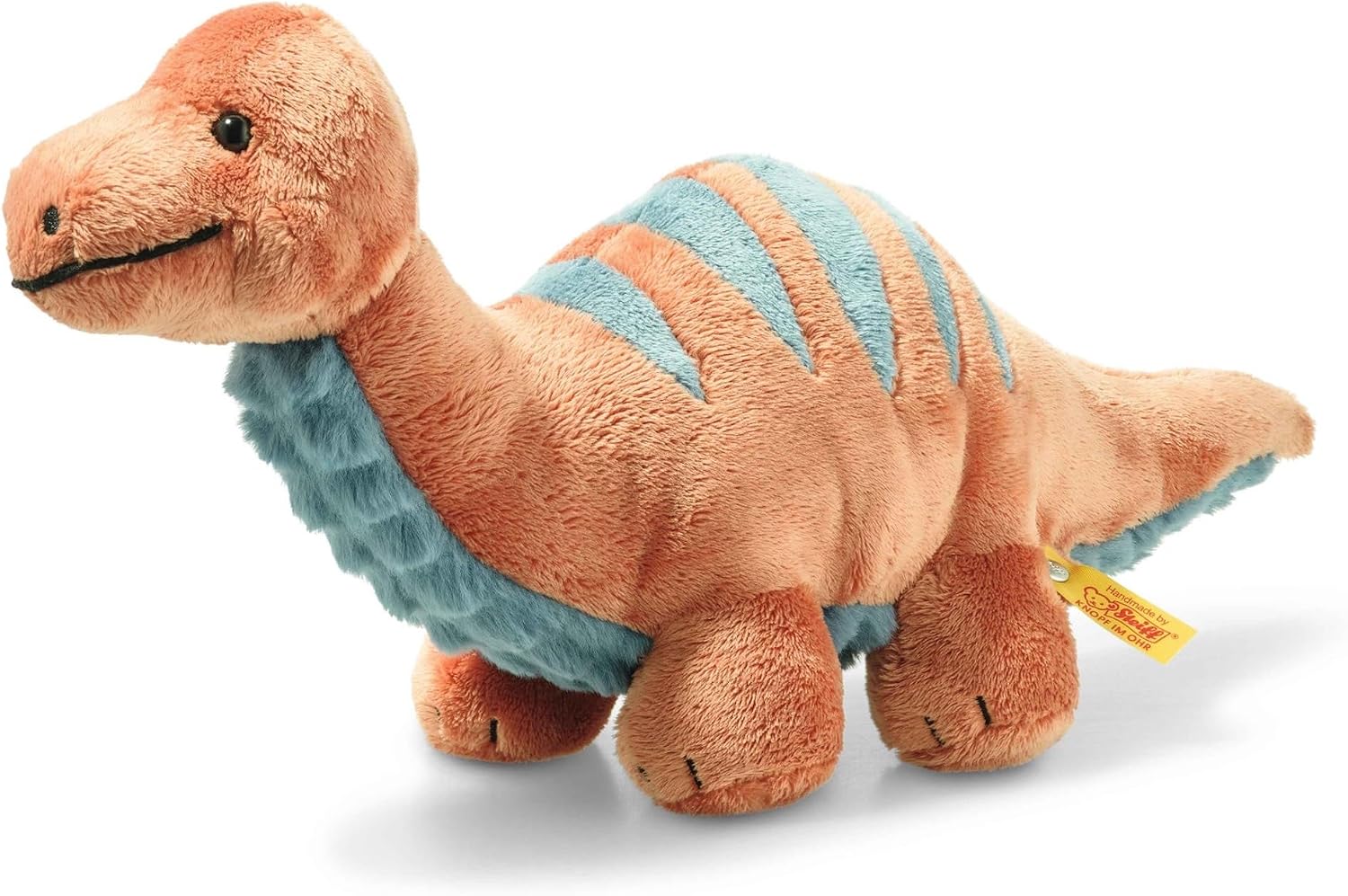 Detalle de Steiff 087837 Bronko Brontosaurus Soft Toy, 28 cm Plush in Dark Orange and Petrol
