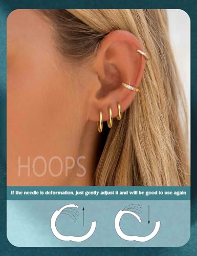 Detalle de ADRAMATA 15Pairs 14K Gold Plated Flat Back Earrings – Hypoallergenic Stainless Steel Stud & Hoop Set