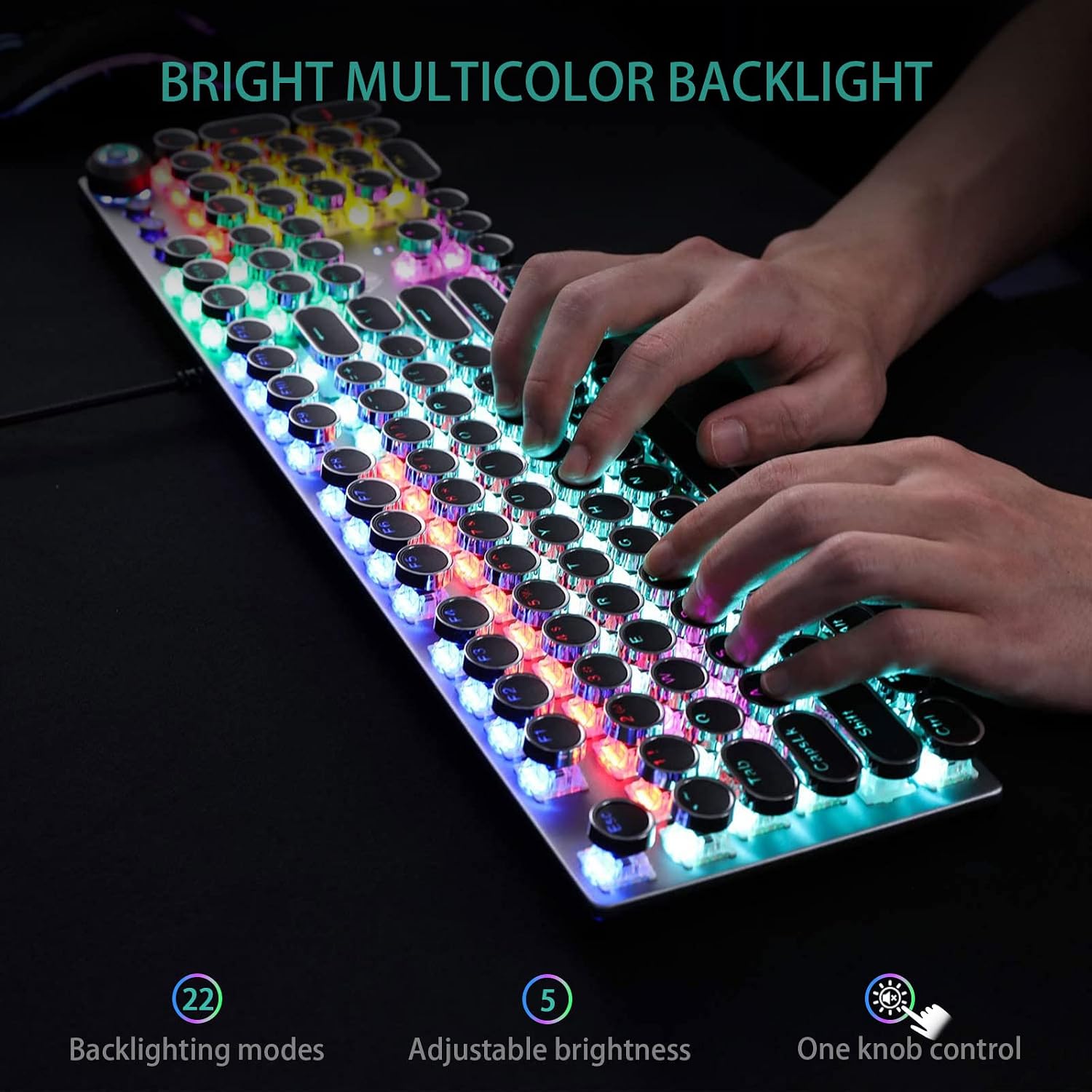 Detalle de AULA F2088 Typewriter-Style Mechanical Gaming Keyboard with Blue Switches, Media Knob & Removable Wrist Rest (108-key wired, black)