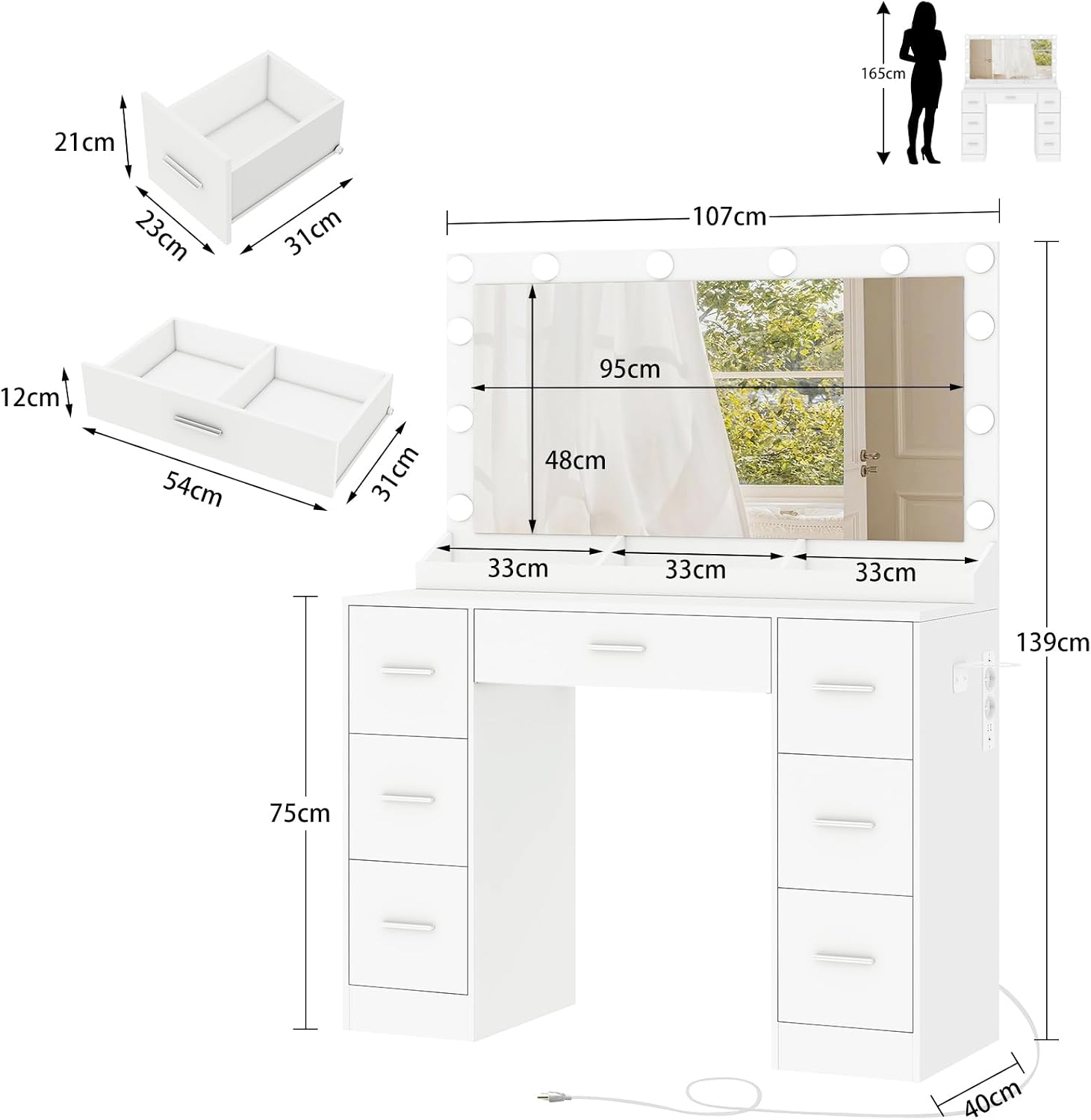 Detalle de TEENFON ENSTA020WDN-ZF Dressing Table with LED Mirror, 7 Drawers and Charging Station