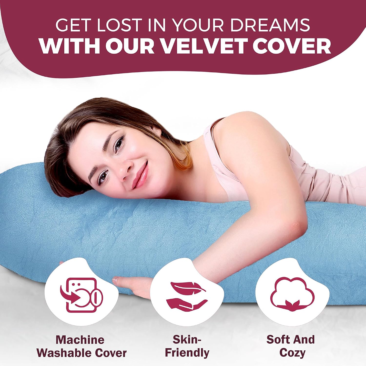 Detalle de PILLANI 57-Inch Pregnancy Pillow, U/V/C Full-Body Support with Washable Cover