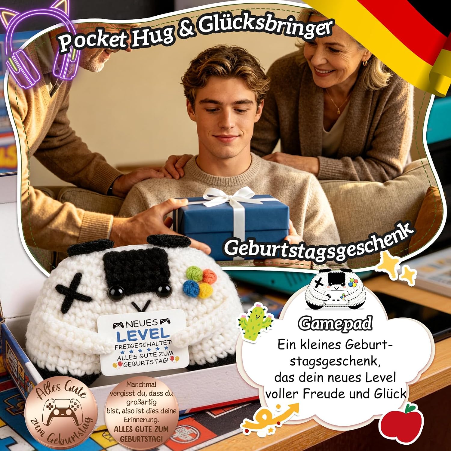 Detalle de Giftota Pocket Hug Gamepad – handgehäkeltes Geburtstagsgeschenk für Gamer