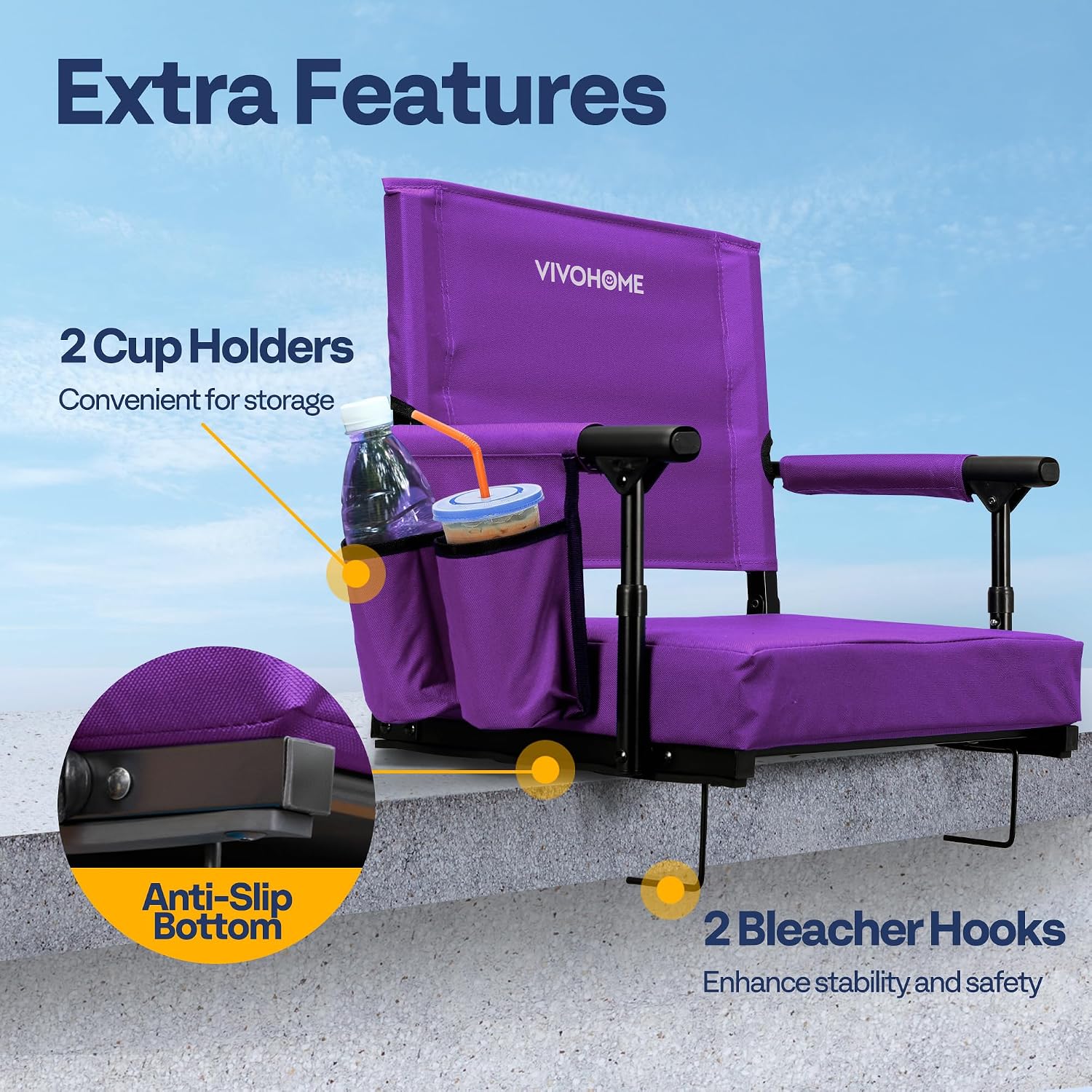 Detalle 2 de VIVOHOME VH1430-PU Stadium Seats with Back Support, Foldable, Purple, 2-Pack