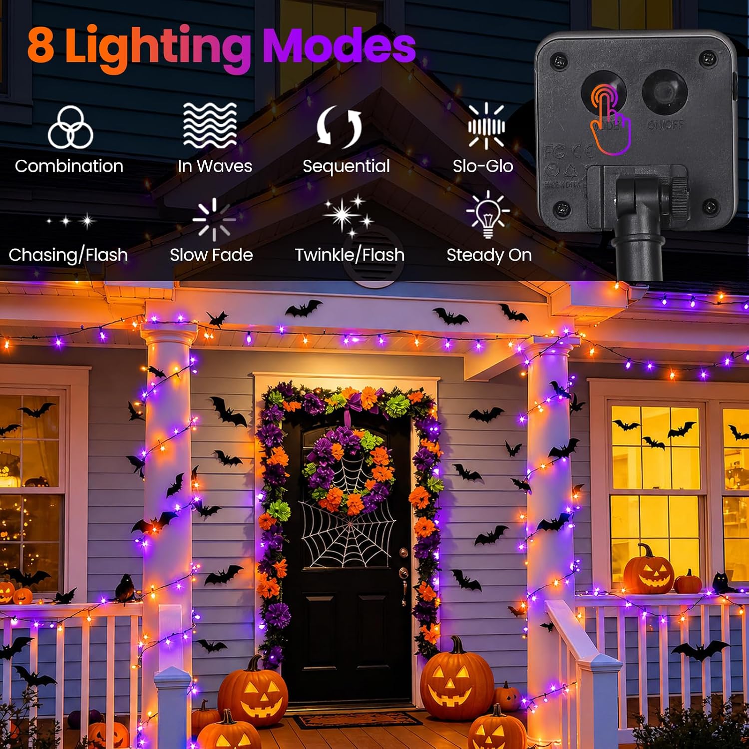 Detalle de Moettany Solar Halloween String Lights, 100 LEDs, 45 ft, Orange and Purple