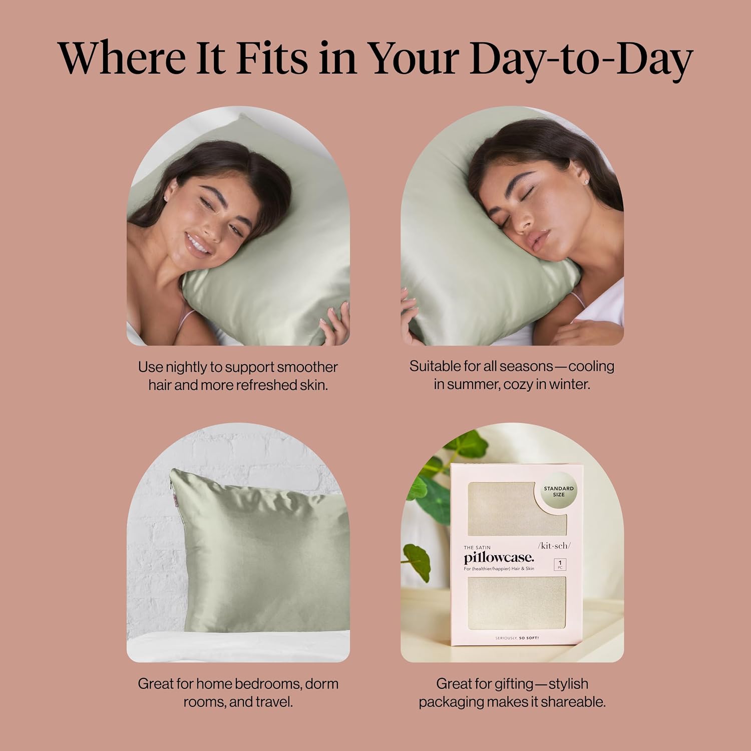Detalle de Kitsch Satin Pillowcase with Zipper for Hair & Skin (Queen-style) – Sage, 19"x26