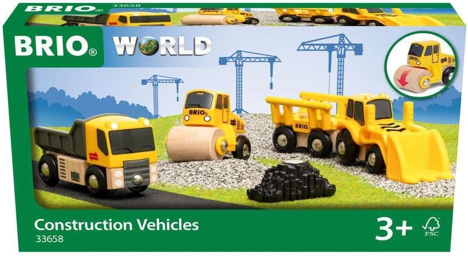 Detalle de BRIO 33658 Veicoli da cantiere in BRIO World, set da 5 pezzi con volquete, apisonatrice e cargadora