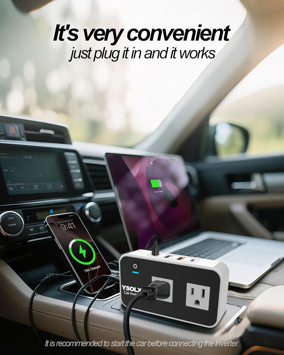 Detalle de YSOLX 200W Car Power Inverter (12V to 110V) with 2 AC Outlets and 4 USB Fast Charging