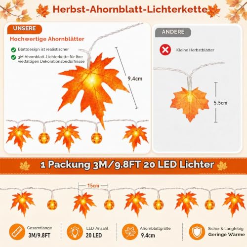 Detalle de LakiHomi Herbst Dekoration | 3 m LED-Lichterkette mit Ahornblättern und Kürbisperlen (20 LEDs, Timer)