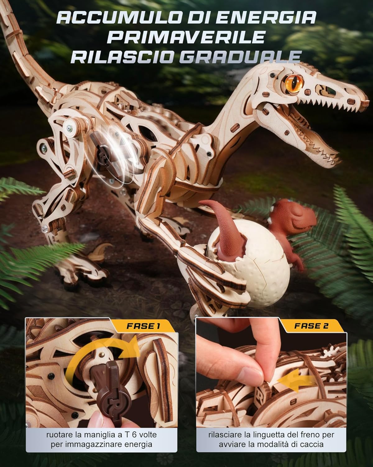 Thumbnail 4 de ROKR Puzzle 3D Legno LD01: Velociraptor, modello meccanico in legno per adulti e bambini