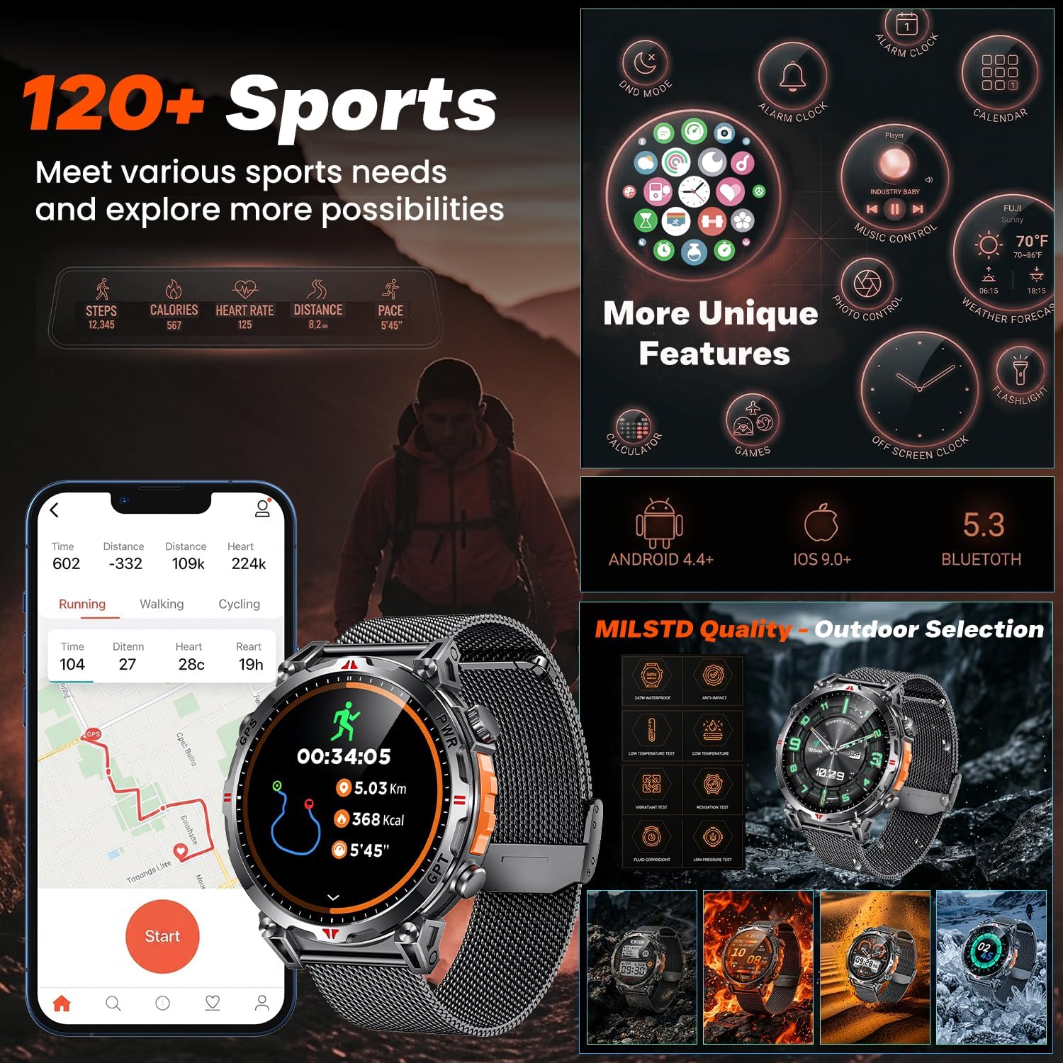 Thumbnail 5 de Montre connectée GPS homme AMOLED 1,7" Amoeld avec boussole, altimètre, baromètre et appels Bluetooth