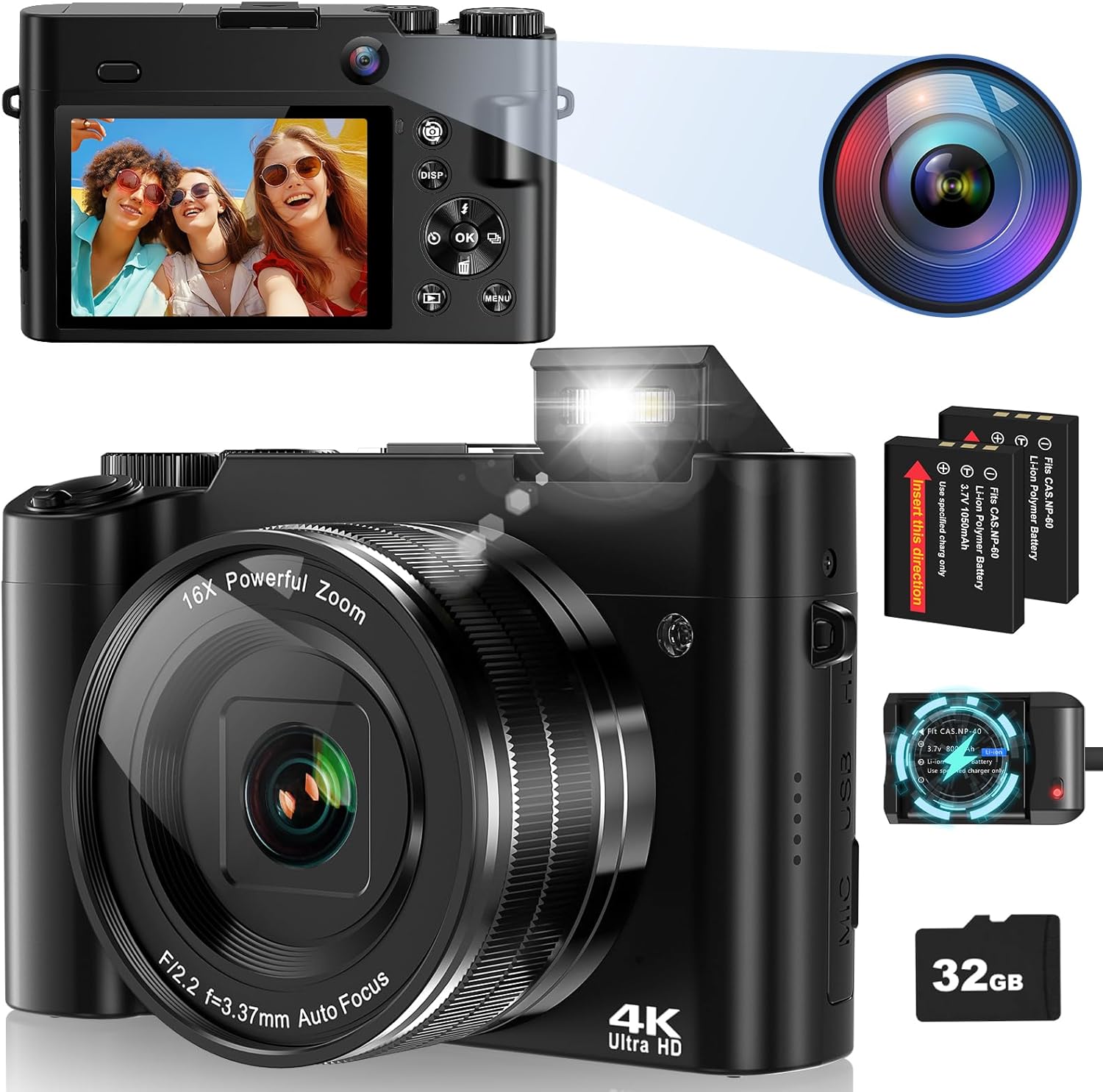 Digital Camera 4K 64MP Vlogging Camera with 3-inch LCD, Dual Lenses and 16x Zoom