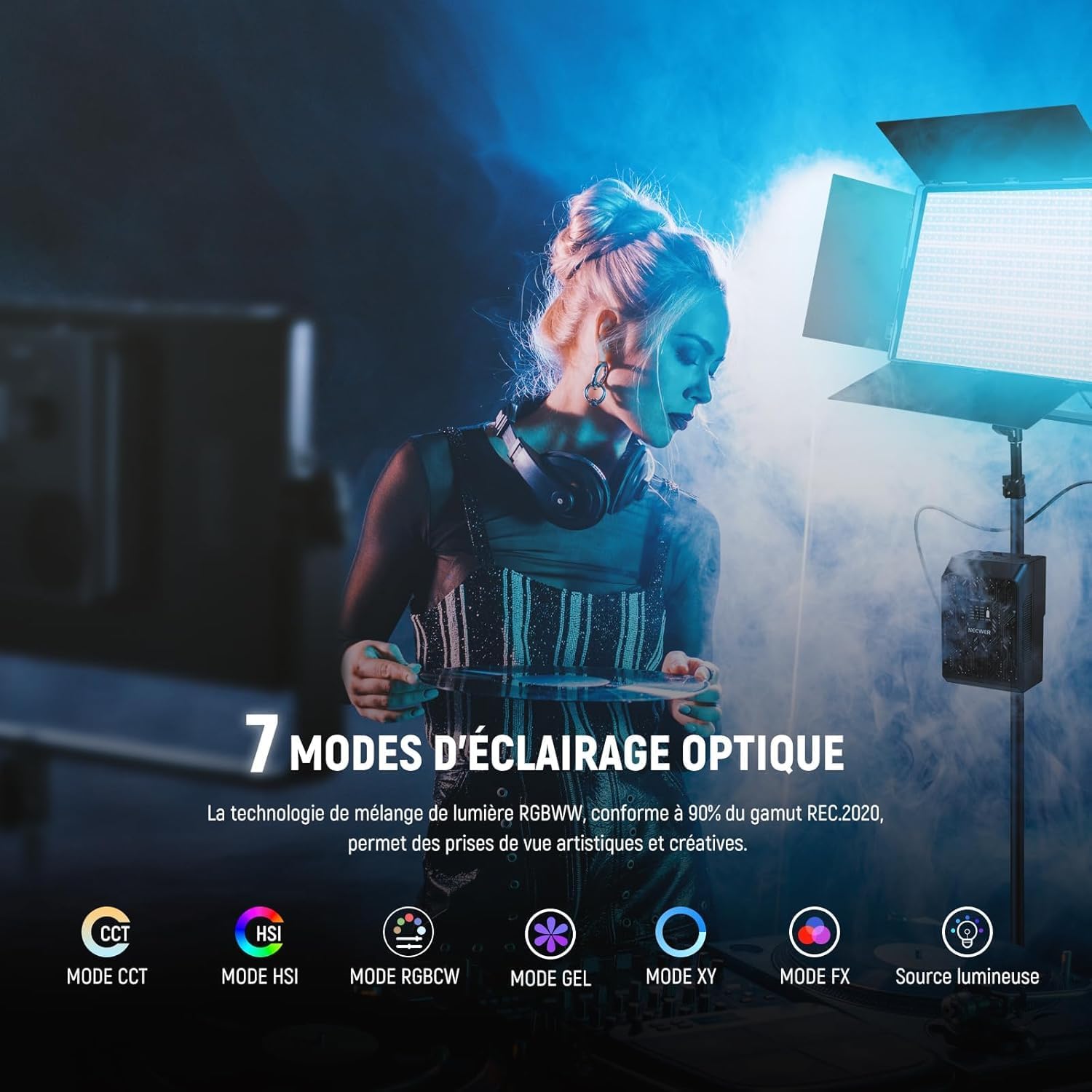 Detalle de NEEWER AP100C : kit panneau LED vidéo RGB 105W avec volets coupe-flux, contrôle app/2,4G et DMX