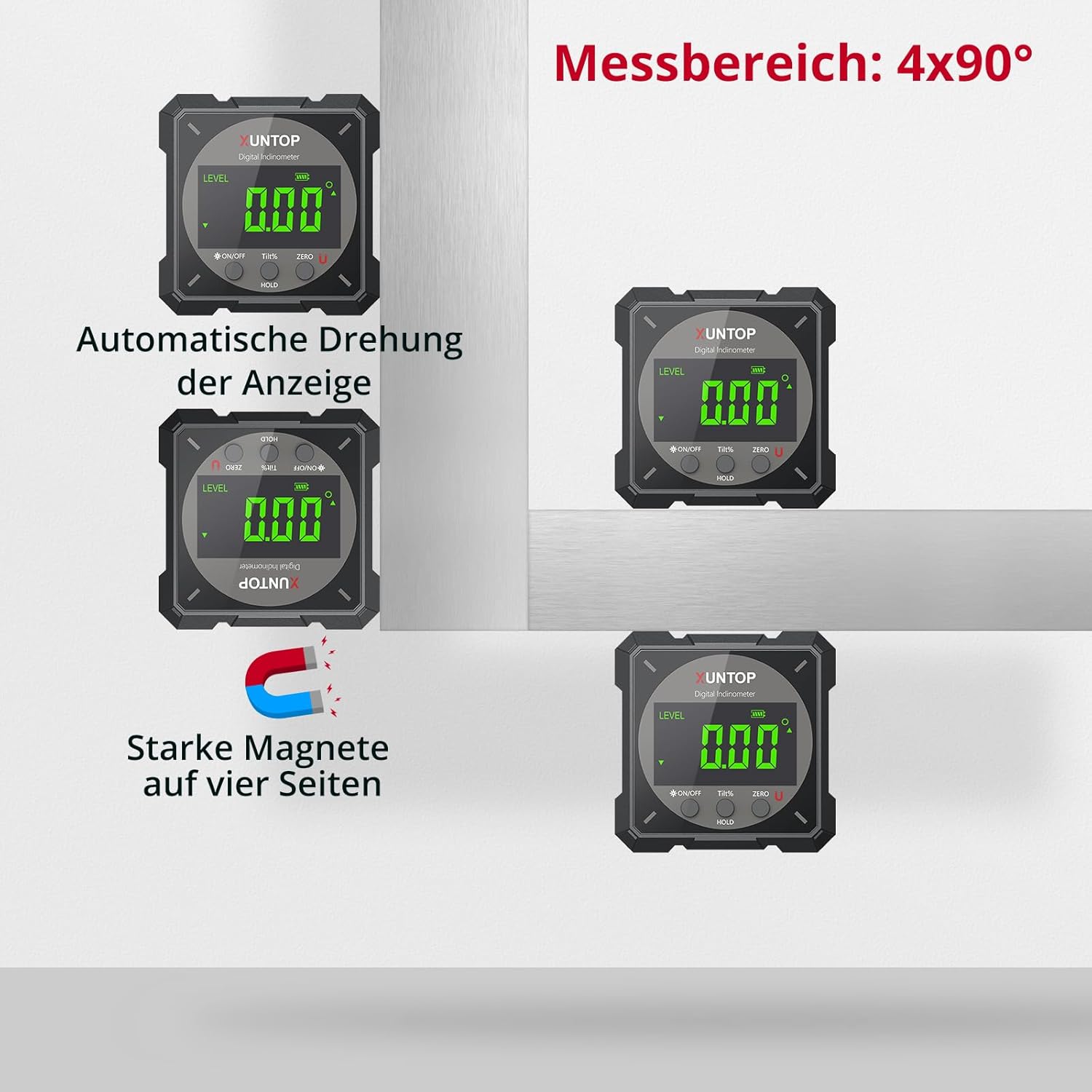 Thumbnail 4 de XUNTOP Digitaler Winkelmesser Neigungsmesser mit Laser-Wasserwaage und LCD-Display – IP54, magnetisch, USB-C