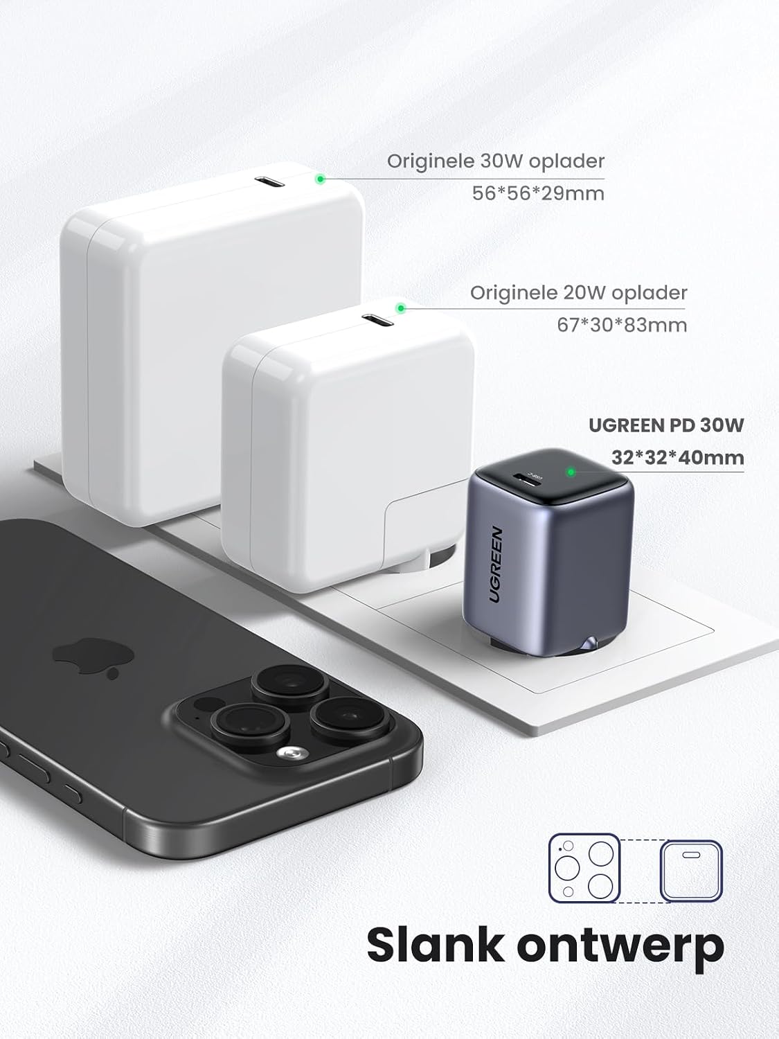 Detalle de UGREEN Nexode 30W GaN II USB-C-lader, zwart met één poort