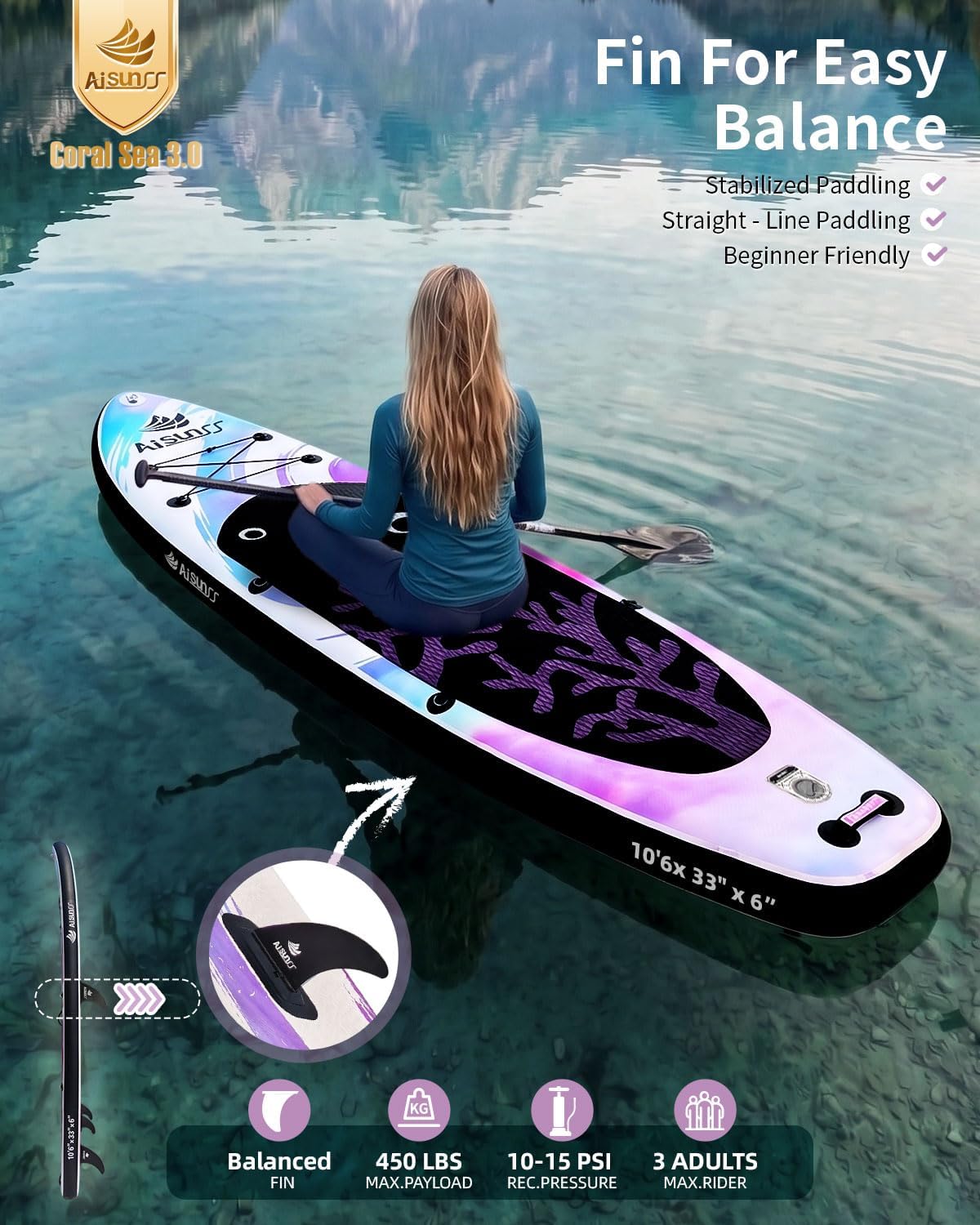 Detalle de AISUNSS Purple Coral Inflatable Paddle Board — 10.6 ft, wide stability with premium accessories