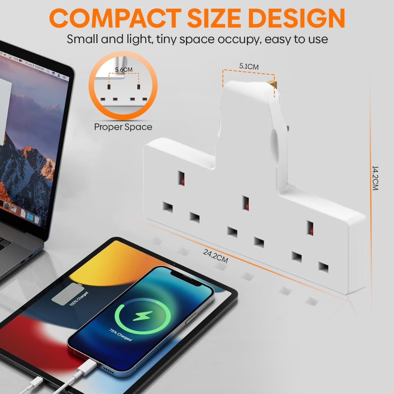 Thumbnail 1 de 3-Way UK Plug Adapter Extension (3 Pin) – Triple Plug Extender with 13A Fuse & Child-Safety Door