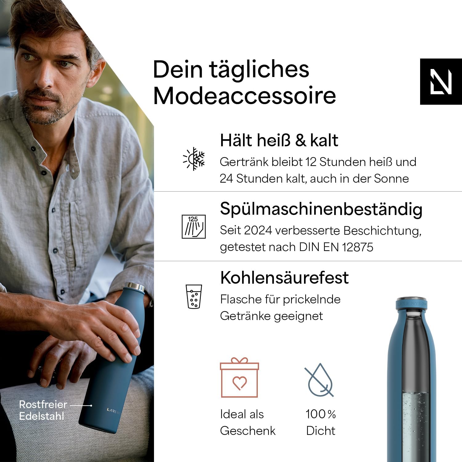 Thumbnail 1 de LARS NYSØM Edelstahl Trinkflasche – 1000 ml, auslaufsicher, vakuumisoliert
