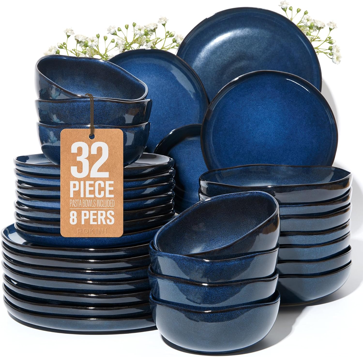 Detalle de Pokini 32-Piece Starry Blue Dinnerware Set with Pasta Bowls for Eight