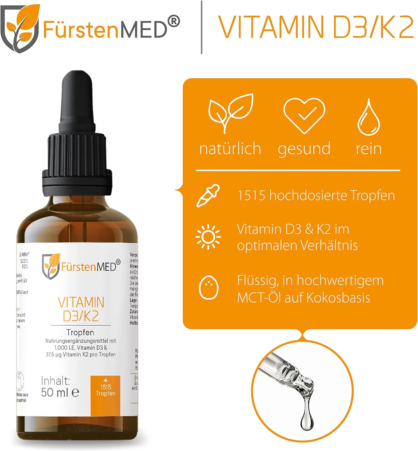 Detalle 2 de FürstenMED 50ml Vitamin D3 K2 Tropfen 1000 I.E.